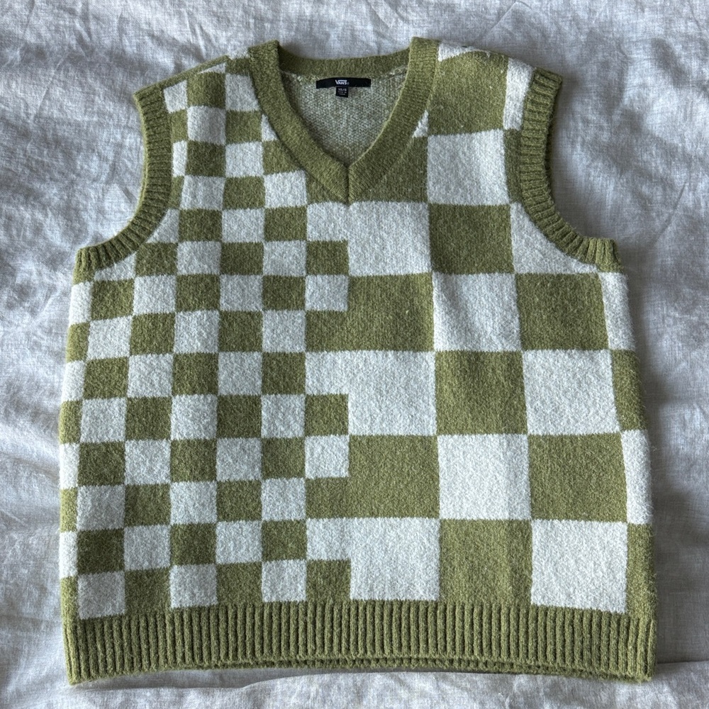 Vans Oversized Olive and White Checkered V-Neck Sweater